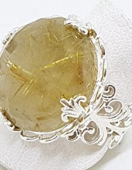 Sterling Silver Rutilated Quartz Large Round Ornate Ring