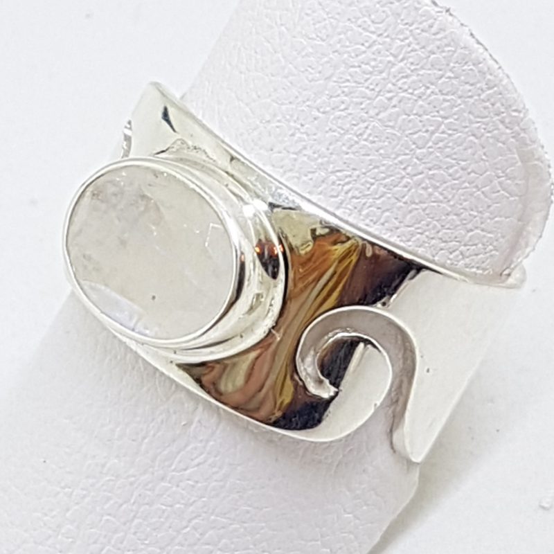 Sterling Silver Oval Faceted Moonstone Wide Wave Pattern Band Ring