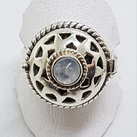 Sterling Silver Round Ornate Poison / Pill Box Ring with Cabochon Moonstone