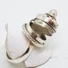 Sterling Silver Round Ornate Poison / Pill Box Ring with Cabochon Moonstone