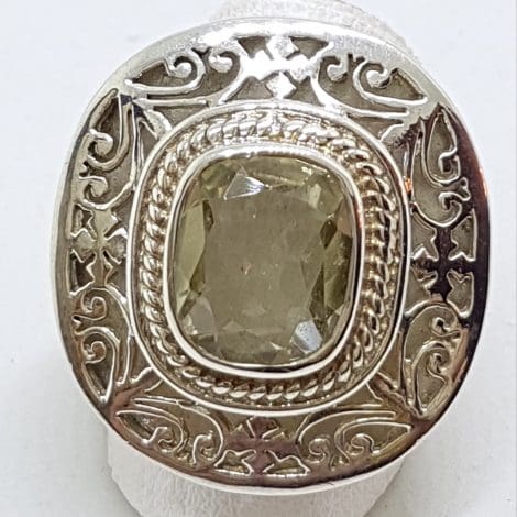 Sterling Silver Large Rectangular Lemon Citrine Ornate Filigree Ring