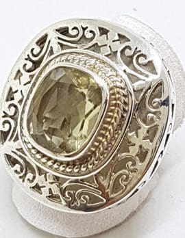 Sterling Silver Large Rectangular Lemon Citrine Ornate Filigree Ring