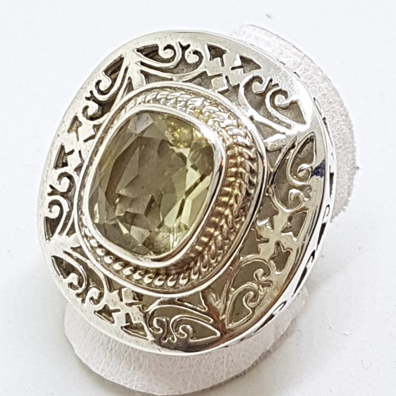 Sterling Silver Large Rectangular Lemon Citrine Ornate Filigree Ring