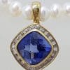 9ct Gold Square Created Sapphire surrounded by Diamonds Enhancer Pendant on Pearl Necklace