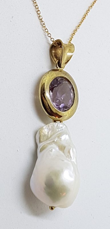9ct Yellow Gold Long Handmade Amethyst & Baroque Pearl Enhancer Pendant on Gold Chain
