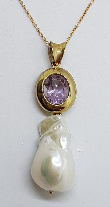 9ct Yellow Gold Long Handmade Amethyst & Baroque Pearl Enhancer Pendant on Gold Chain