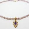 9ct Gold Shield Shape Amethyst surrounded by Diamonds Enhancer Pendant on Pearl Necklace