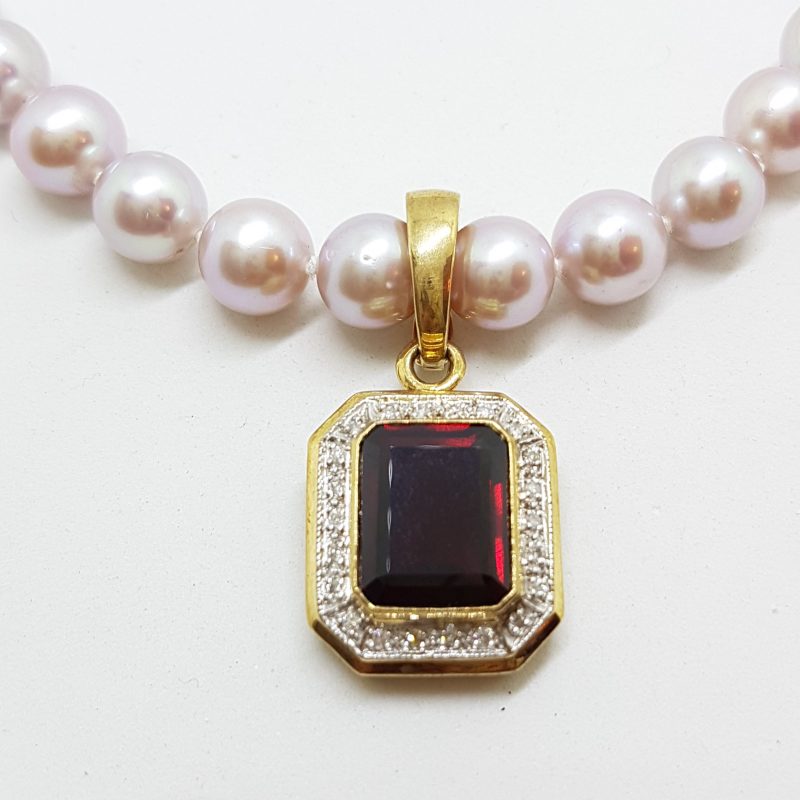9ct Gold Garnet and Diamond Rectangular Enhancer Pendant on 9ct Gold ...