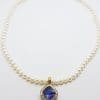 9ct Gold Square Created Sapphire surrounded by Diamonds Enhancer Pendant on Pearl Necklace
