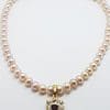 9ct Gold Shield Shape Garnet surrounded by Diamonds Enhancer Pendant on Pearl Necklace