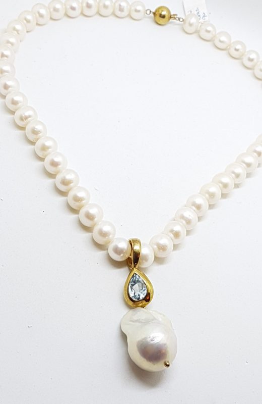 20200609_111450 9ct Yellow Gold Long Handmade Topaz & Baroque Pearl Enhancer Pendant on Pearl Chain