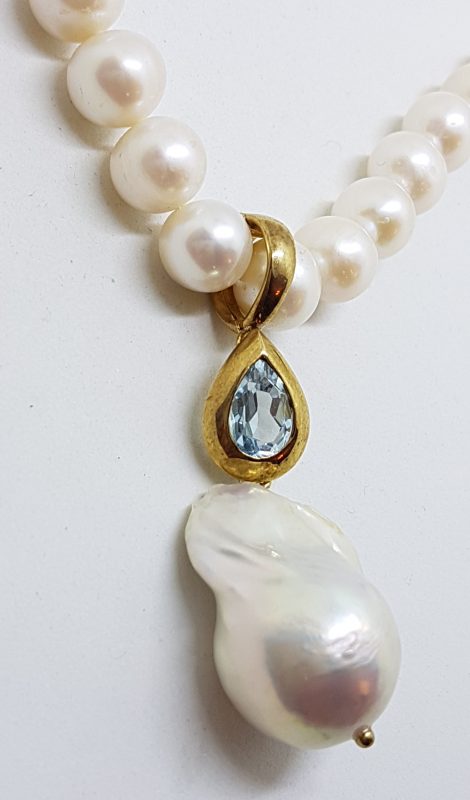 20200609_111505 9ct Yellow Gold Long Handmade Topaz & Baroque Pearl Enhancer Pendant on Pearl Chain