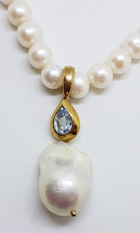 20200609_111519 9ct Yellow Gold Long Handmade Topaz & Baroque Pearl Enhancer Pendant on Pearl Chain