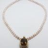 9ct Gold Rectangular/Oblong Smokey Quartz surrounded by Diamonds Enhancer Pendant on Pearl Necklace