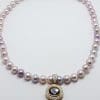 9ct Gold Oval Smokey Quartz surrounded by Diamonds Enhancer Pendant on Pearl Necklace