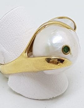 14ct Yellow Gold Large Baroque Pearl with Emerald Ring – Handmade
