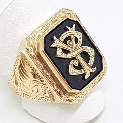 9ct Rose Gold Large Ornate Monogrammed Onyx Ring