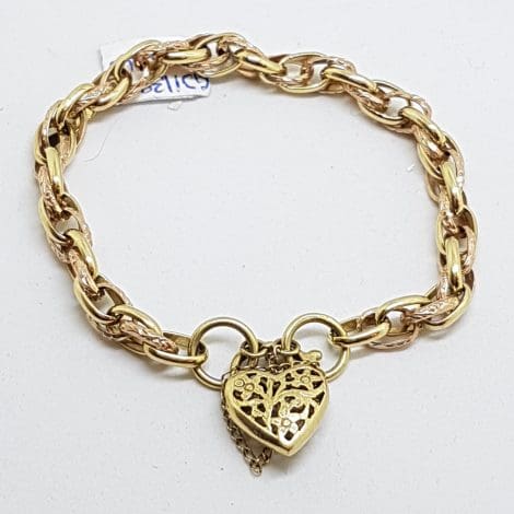 9ct Yellow, White & Rose Gold Three Tone Ornate Heart Padlock Bracelet