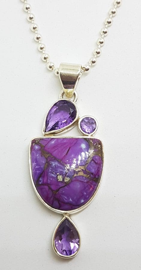 Sterling Silver Purple Copper Turquoise with Amethyst Pendant on Sterling Silver Chain