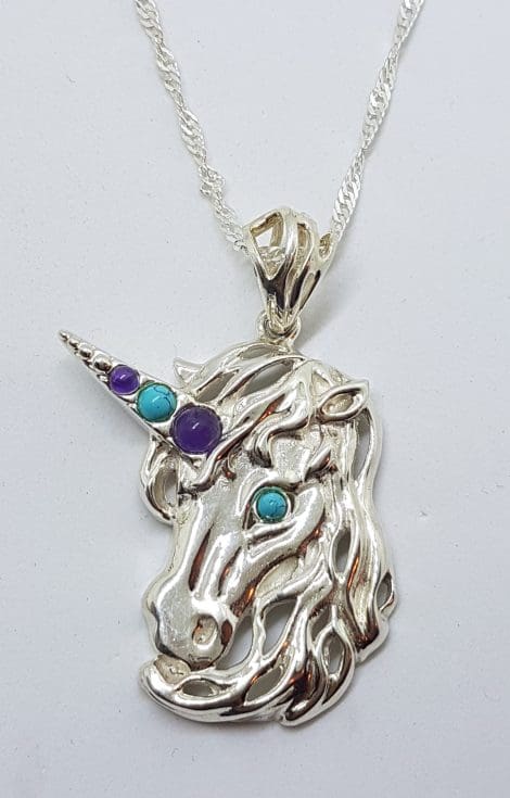 Sterling Silver Amethyst & Turquoise Unicorn Large Pendant on Silver Chain