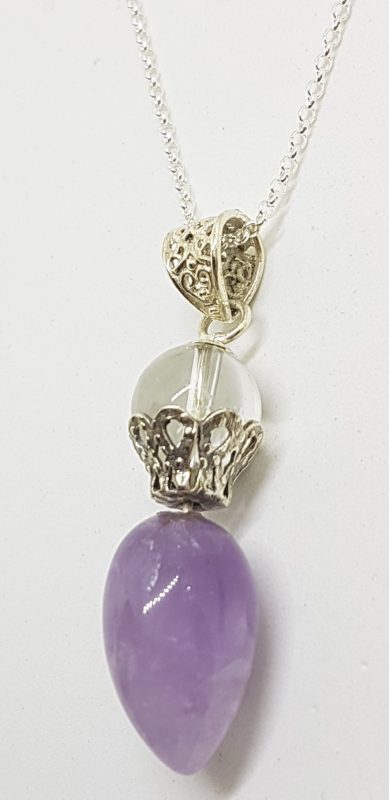 Sterling Silver Amethyst & Clear Crystal Quartz Pendulum Pendant on Silver Chain