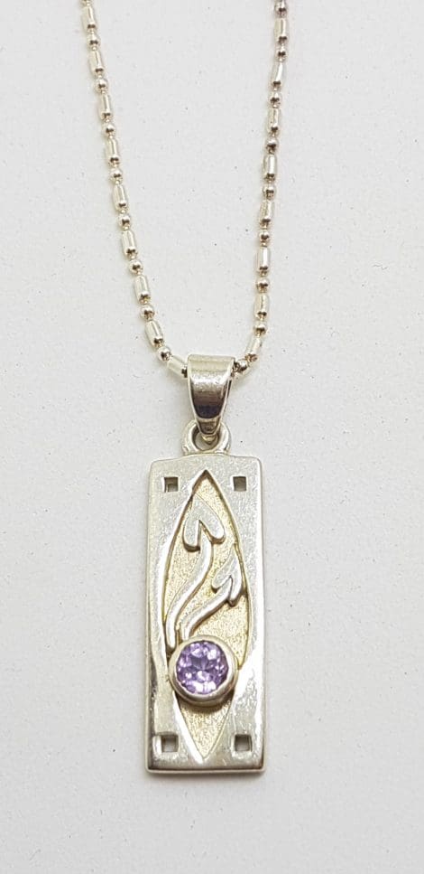 Sterling Silver Ornate Rectangular Amethyst Pendant on Chain
