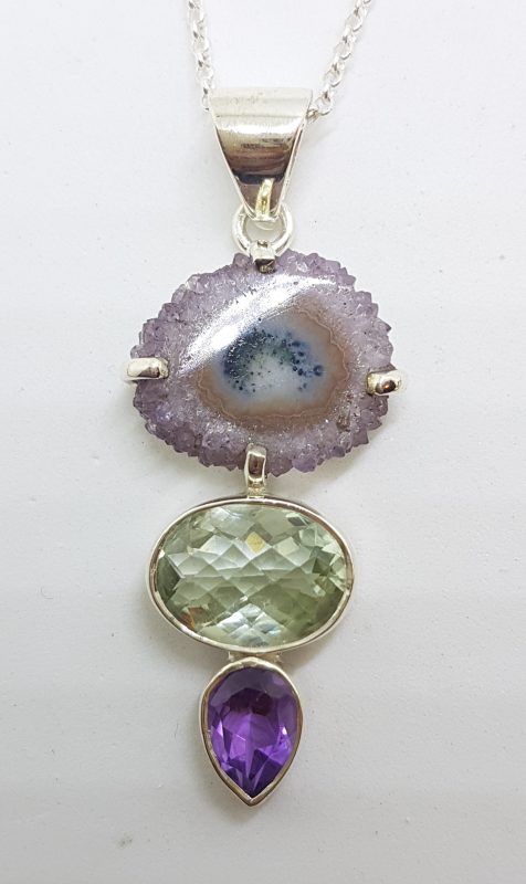 Sterling Silver Long Amethyst Slice, Green Amethyst (Prasiolite) and Amethyst Pendant on Chain