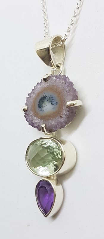 Sterling Silver Long Amethyst Slice, Green Amethyst (Prasiolite) and Amethyst Pendant on Chain