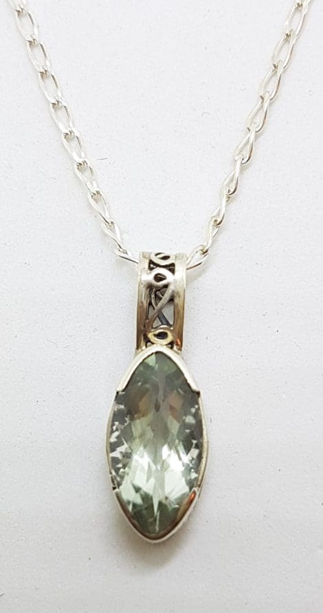 Sterling Silver Green Amethyst / Prasiolite Ornate Marquis Pendant on Chain