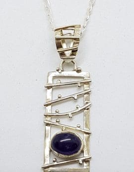Sterling Silver Cabochon Amethyst Rectangular Pendant on Chain