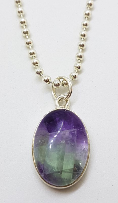 Sterling Silver Oval Fluorite Pendant on Chain