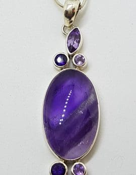 Sterling Silver Long Cabochon & Faceted Amethyst Drop Pendant on Chain