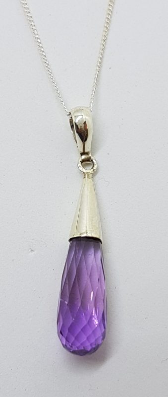 Sterling Silver Long Amethyst Drop Pendant on Chain