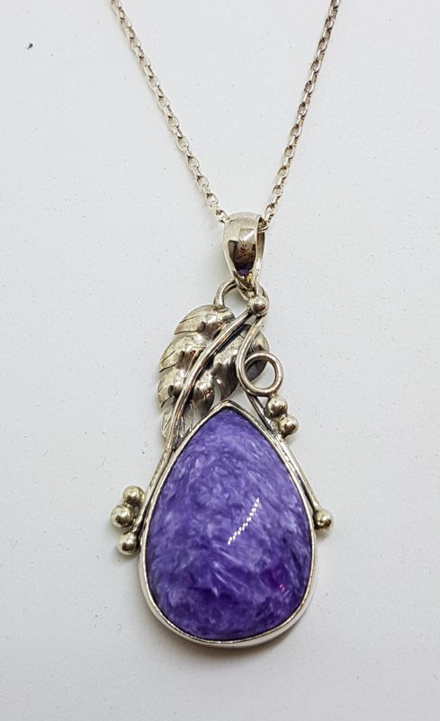 Sterling Silver Large Ornate Leaf Design Charoite Pendant on Chain