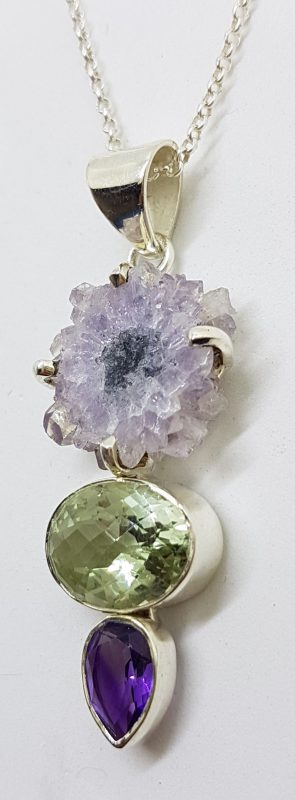 Sterling Silver Long Amethyst Slice, Green Amethyst (Prasiolite) and Amethyst Pendant on Chain