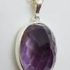Sterling Silver Large Oval Faceted Amethyst Pendant on Sterling Silver Chain