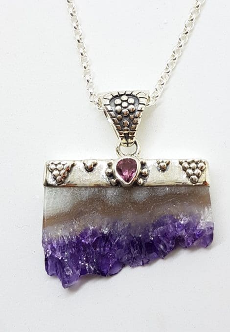 Sterling Silver Amethyst Crystal Slice with Garnet Pendant on Chain