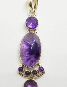 Sterling Silver Long Cabochon and Faceted Cut Amethyst Pendant on Chain
