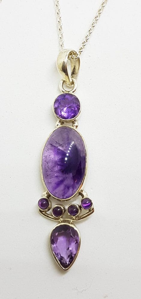 Sterling Silver Long Cabochon and Faceted Cut Amethyst Pendant on Chain