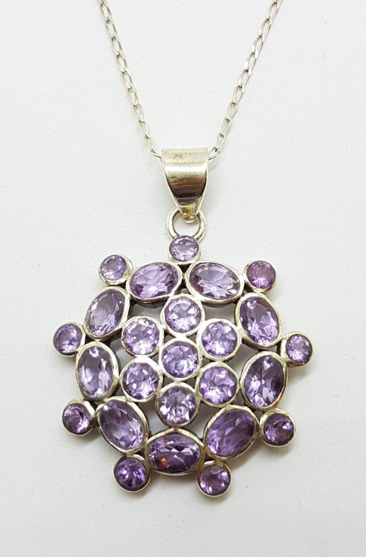 Sterling Silver Amethyst Large Round Cluster Pendant on Silver Chain