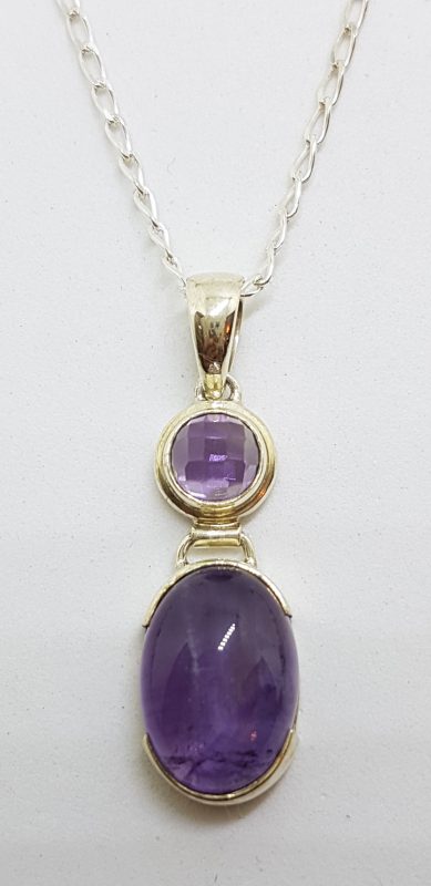 Sterling Silver Cabochon & Faceted Amethyst Pendant on Silver Chain