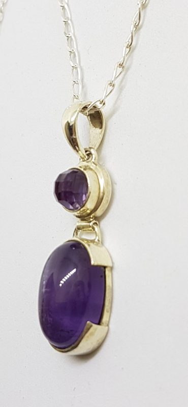 Sterling Silver Cabochon & Faceted Amethyst Pendant on Chain