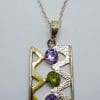Sterling Silver & Gold Plated Amethyst and Peridot Large Rectangular Pendant on Chain