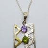 Sterling Silver & Gold Plated Amethyst and Peridot Large Rectangular Pendant on Chain