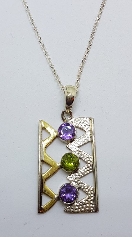 Sterling Silver & Gold Plated Amethyst and Peridot Large Rectangular Pendant on Chain