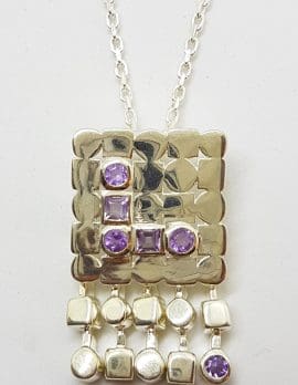 Sterling Silver Amethyst Square with Dangles Pendant on Chain