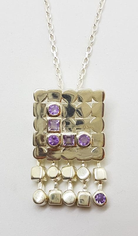 Sterling Silver Amethyst Square with Dangles Pendant on Chain
