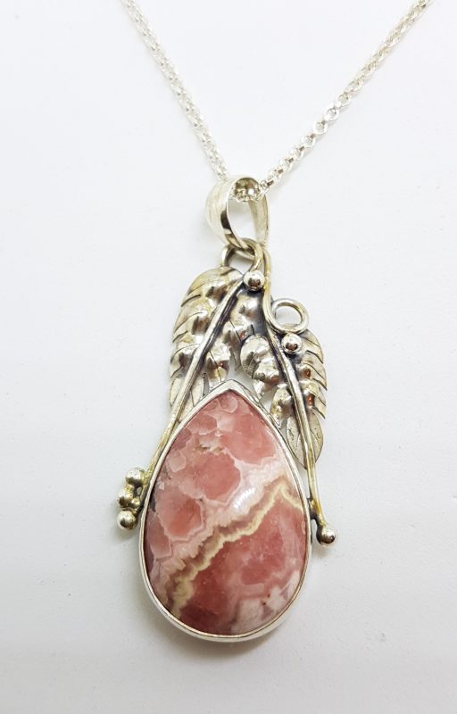 20200609_192203 Sterling Silver Ornate Leaf Design Teardrop Shape Rhodochrosite Pendant on Silver Chain