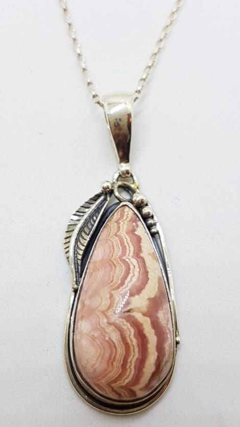 Sterling Silver Ornate Leaf Design Teardrop Shape Rhodochrosite Pendant on Silver Chain