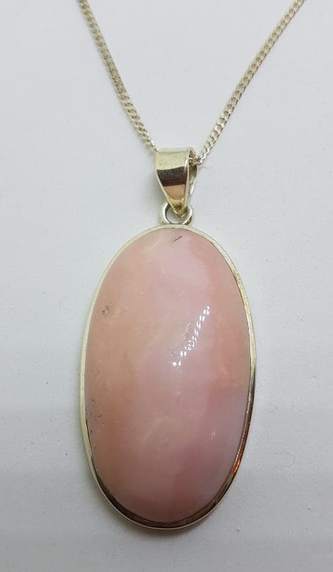 Sterling Silver Large Oval Pink Opal Pendant on Silver Chain